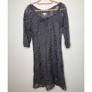 Garnet‎ Hill Dress 6 Gray Boheme Lace Shift Bow Sheer Knee Length Cottage Boho